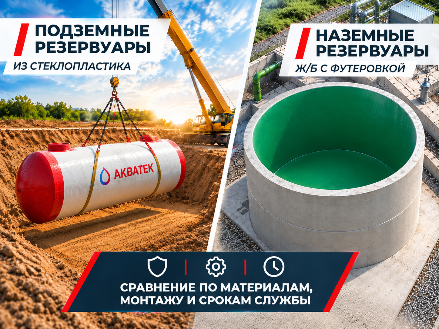 Подземные и наземные резервуары: сравнительный анализ стеклопластиковых и железобетонных (с ПЭ футеровкой) решений по материалу, монтажу и сроку службы Подземные и наземные резервуары: сравнительный анализ стеклопластиковых и железобетонных (с ПЭ футеровкой) решений по материалу, монтажу и сроку службы